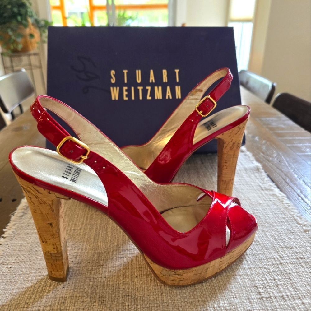 Stuart Weitzman platform Red Slingback Heals with Cork platform and Heal.